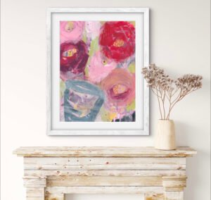 Artwork titled Petalicious Pizzazz by Kathryn Davies, above vase on wooden mantle