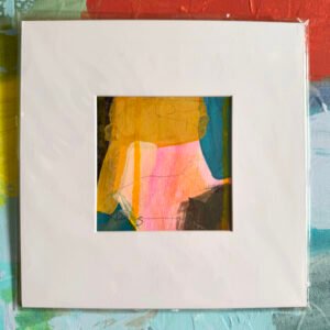 Original abstract painting on paper in warm pink, blue, yellow, and brown tones by Kathryn Davies.